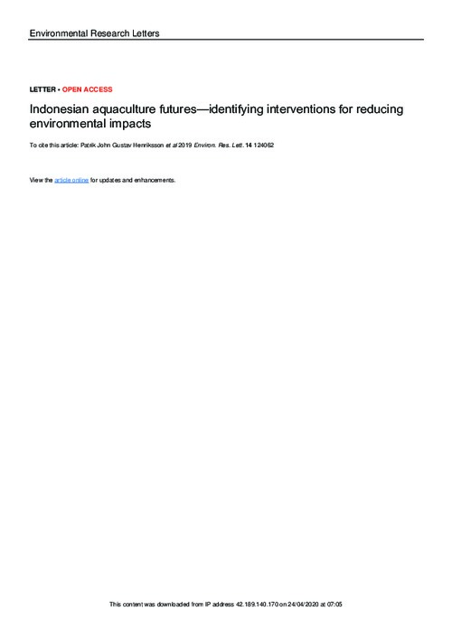 Indonesian aquaculture futures — identifying interventions for reducing environmental impacts Indonesian aquaculture futures — identifying interventions for reducing environmental impacts