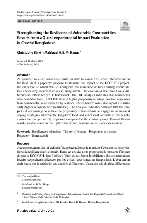 Strengthening the resilience of vulnerable communities: Results from a quasi-experimental impact evaluation in coastal Bangladesh