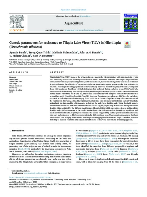 Genetic parameters for resistance to Tilapia Lake Virus (TiLV) in Nile tilapia (Oreochromis niloticus)