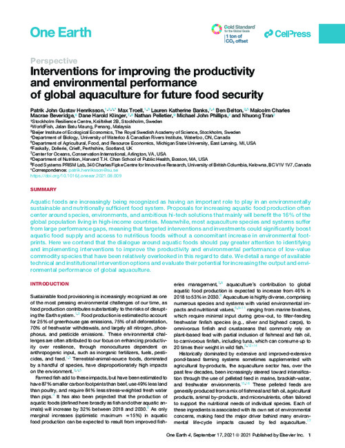 Interventions for improving the productivity and environmental performance of global aquaculture for future food security