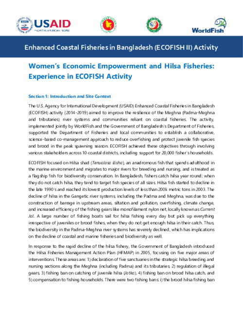 Women’s Economic Empowerment and Hilsa Fisheries: Experience in ECOFISH Activity Women’s Economic Empowerment and Hilsa Fisheries: Experience in ECOFISH Activity