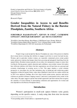 Gender inequalities in access to and benefits derived from the natural fishery in the Barotse Floodplain, Zambia, Southern Africa