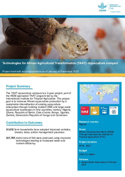 Technologies for African Agricultural Transformation (TAAT) - Aquaculture compact, Project Brief (January to December 2020)
