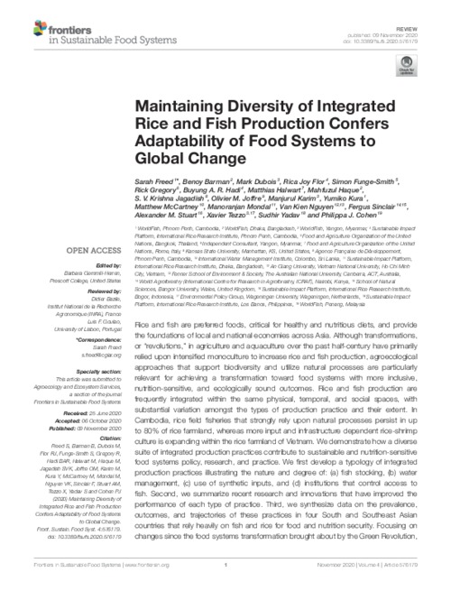 Maintaining diversity of integrated rice and fish production confers adaptability of food systems to global change