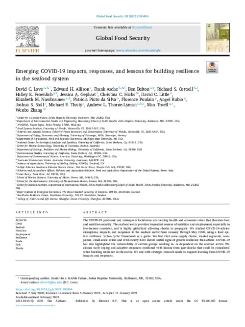 Emerging COVID-19 impacts, responses, and lessons for building resilience in the seafood system