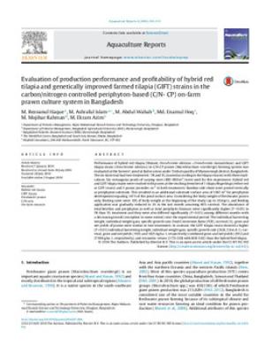 Evaluation of production performance and profitability of hybrid red tilapia and genetically improved farmed tilapia (GIFT) strains in the carbon/nitrogen controlled periphyton-based (C/N- CP) on-farm prawn culture system in Bangladesh
