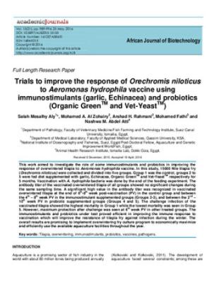 Trials to improve the response of Orechromis niloticus to Aeromonas hydrophila vaccine using immunostimulants (garlic, Echinacea) and probiotics (Organic Green and Vet-Yeast)