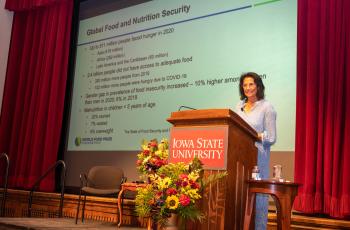 World Food Prize Winner Shakuntala Thilsted presents a lecture at Iowa State University in Des Moines. Photo by Finn Thilsted.