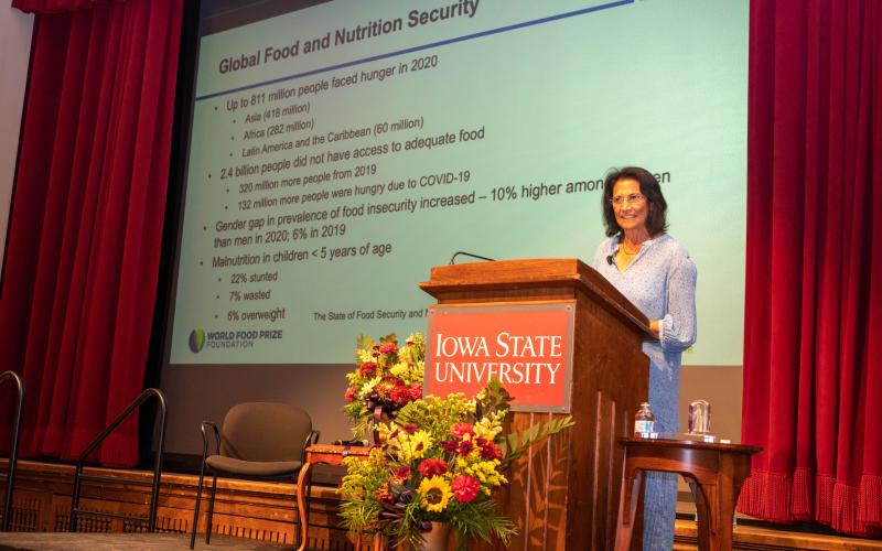 World Food Prize Winner Shakuntala Thilsted presents a lecture at Iowa State University in Des Moines. Photo by Finn Thilsted.