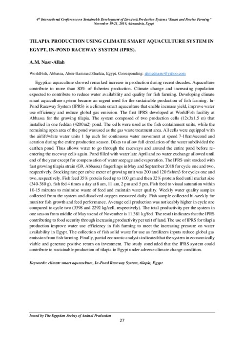 Tilapia production using climate smart aquaculture system in Egypt, In-Pond Raceway System (IPRS) Tilapia production using climate smart aquaculture system in Egypt, In-Pond Raceway System (IPRS)