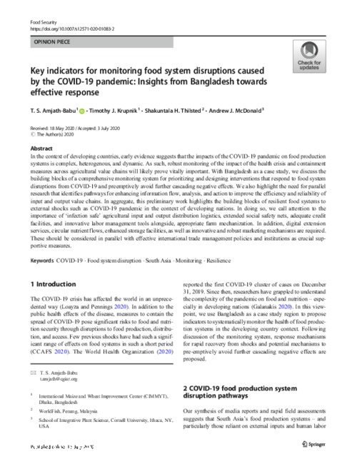 Key indicators for monitoring food system disruptions caused by the COVID-19 pandemic: Insights from Bangladesh towards effective response