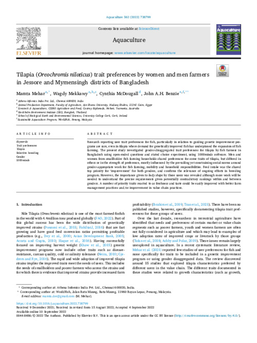 Tilapia (Oreochromis niloticus) trait preferences by women and men farmers in Jessore and Mymensingh districts of Bangladesh Tilapia (Oreochromis niloticus) trait preferences by women and men farmers in Jessore and Mymensingh districts of Bangladesh