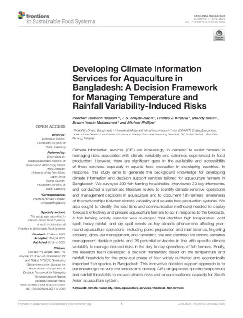 Developing Climate Information Services for Aquaculture in Bangladesh: A Decision Framework for Managing Temperature and Rainfall Variability-Induced Risks Developing Climate Information Services for Aquaculture in Bangladesh: A Decision Framework for Managing Temperature and Rainfall Variability-Induced Risks