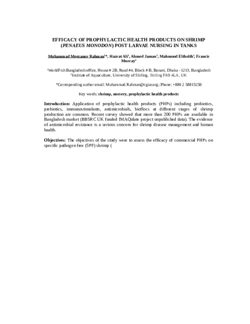 Efficacy of prophylactic health products on shrimp (Penaeus Monodon) post larvae nursing in tanks