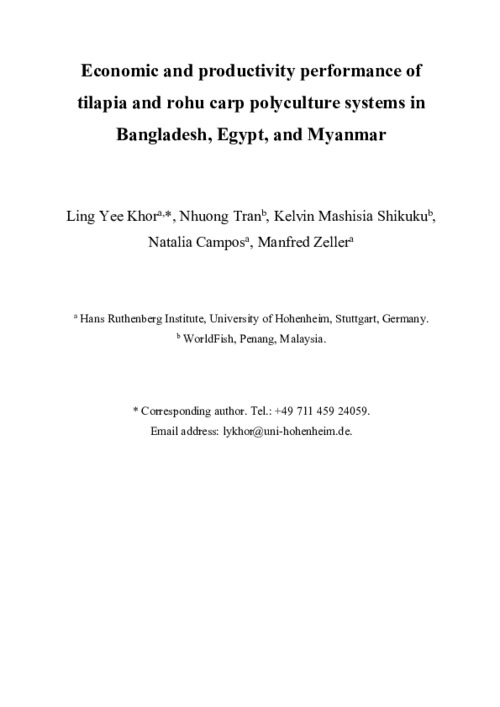 Economic and productivity performance of tilapia and rohu carp polyculture systems in Bangladesh, Egypt, and Myanmar Economic and productivity performance of tilapia and rohu carp polyculture systems in Bangladesh, Egypt, and Myanmar