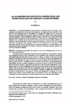 An algorithm for identifying misspellings and synonyms in lists of scientific names of fishes An algorithm for identifying misspellings and synonyms in lists of scientific names of fishes