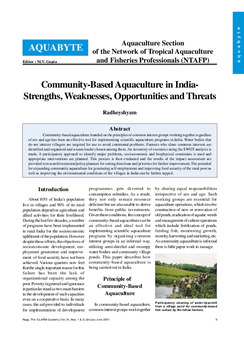 Community-based aquaculture in India- strengths, weaknesses, opportunities and threats Community-based aquaculture in India- strengths, weaknesses, opportunities and threats