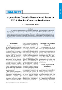 Aquaculture genetics research and issues in INGA member countries/institutions Aquaculture genetics research and issues in INGA member countries/institutions