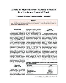 A note on monoculture of Penaeus monodon in a hardwater seasonal pond A note on monoculture of Penaeus monodon in a hardwater seasonal pond