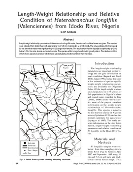 Length-weight relationship and relative condition of Heterobranchus longifilis (Valenciennes) from Idodo River, Nigeria Length-weight relationship and relative condition of Heterobranchus longifilis (Valenciennes) from Idodo River, Nigeria