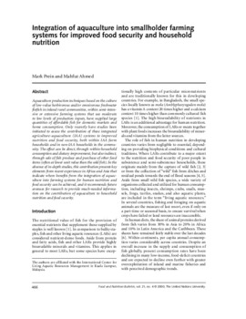 Integration of aquaculture into smallholder farming systems for improved food security and household nutrition Integration of aquaculture into smallholder farming systems for improved food security and household nutrition