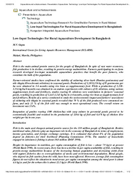 Low input technologies for rural aquaculture development in Bangladesh Low input technologies for rural aquaculture development in Bangladesh