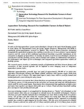Aquaculture technology research for smallholder farmers in rural malawi Aquaculture technology research for smallholder farmers in rural malawi