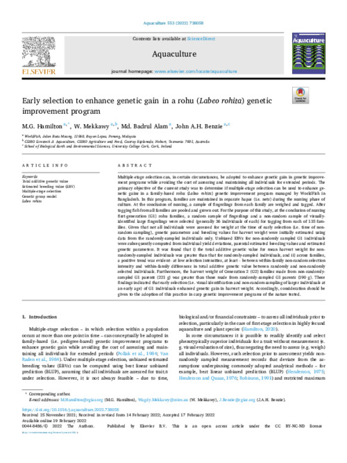 Early selection to enhance genetic gain in a rohu (Labeo rohita) genetic improvement program