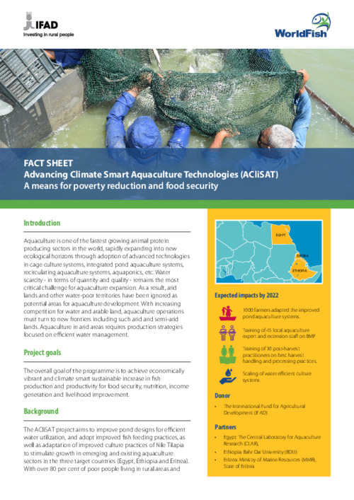 Advancing Climate Smart Aquaculture Technologies (ACliSAT). A means for poverty reduction and food security Advancing Climate Smart Aquaculture Technologies (ACliSAT). A means for poverty reduction and food security