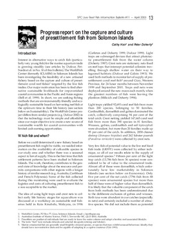Progress report on the capture and culture of presettlement fish from Solomon Islands