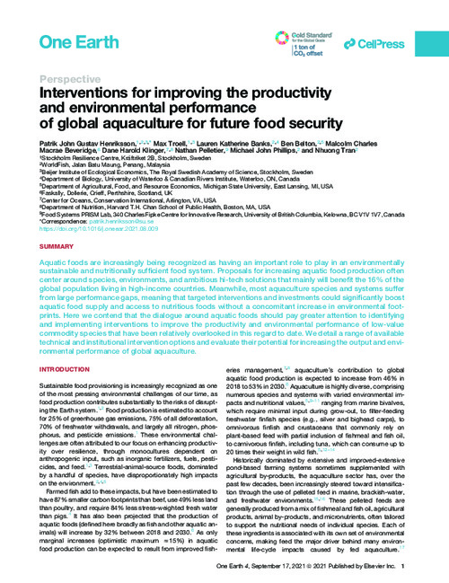 Interventions for improving the productivity and environmental performance of global aquaculture for future food security Interventions for improving the productivity and environmental performance of global aquaculture for future food security