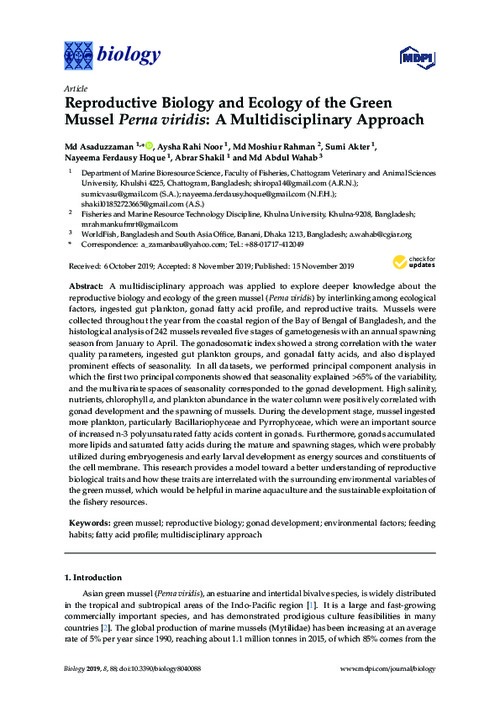 Reproductive biology and ecology of the green mussel Perna viridis: A multidisciplinary approach