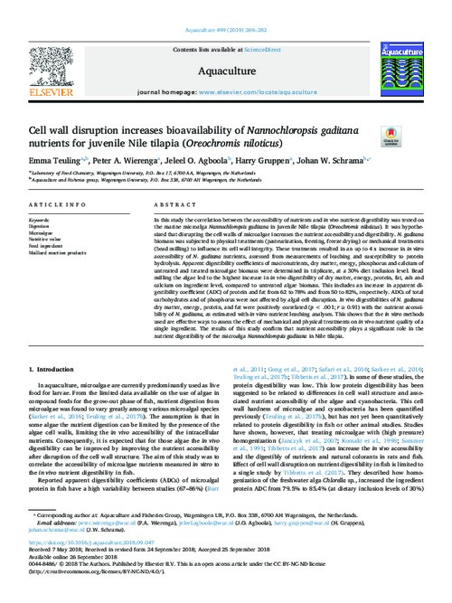 Cell wall disruption increases bioavailability of Nannochloropsis gaditana nutrients for juvenile Nile tilapia (Oreochromis niloticus) Cell wall disruption increases bioavailability of Nannochloropsis gaditana nutrients for juvenile Nile tilapia (Oreochromis niloticus)