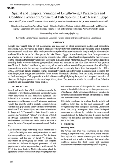 Spatial and Temporal Variation of Length-Weight Parameters and Condition Factors of Commercial Fish Species in Lake Nasser, Egypt