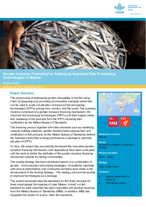 Gender Inclusive Financing for Scaling up Improved Fish Processing Technologies in Malawi: Project Brief October 2018 to September 2019 Gender Inclusive Financing for Scaling up Improved Fish Processing Technologies in Malawi: Project Brief October 2018 to September 2019