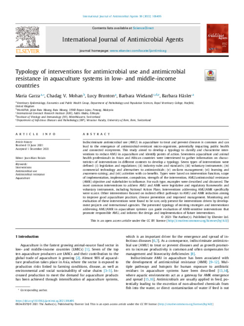 Typology of interventions for antimicrobial use and antimicrobial resistance in aquaculture systems in low- and middle-income countries Typology of interventions for antimicrobial use and antimicrobial resistance in aquaculture systems in low- and middle-income countries