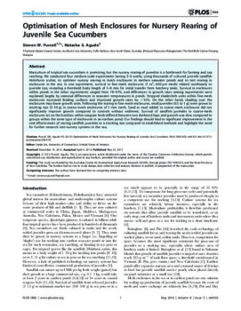 Optimisation of mesh enclosures for nursery rearing of juvenile sea cucumbers Optimisation of mesh enclosures for nursery rearing of juvenile sea cucumbers