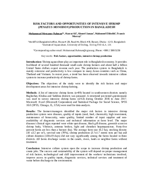 Risk factors and opportunities of intensive shrimp (Penaeus Monodon) production in Bangladesh