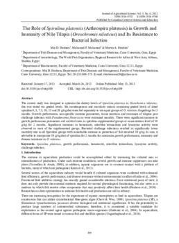 The role of Spirulina platensis (Arthrospira platensis) in growth and immunity of Nile Tilapia (Oreochromis niloticus) and its resistance to bacterial infection The role of Spirulina platensis (Arthrospira platensis) in growth and immunity of Nile Tilapia (Oreochromis niloticus) and its resistance to bacterial infection