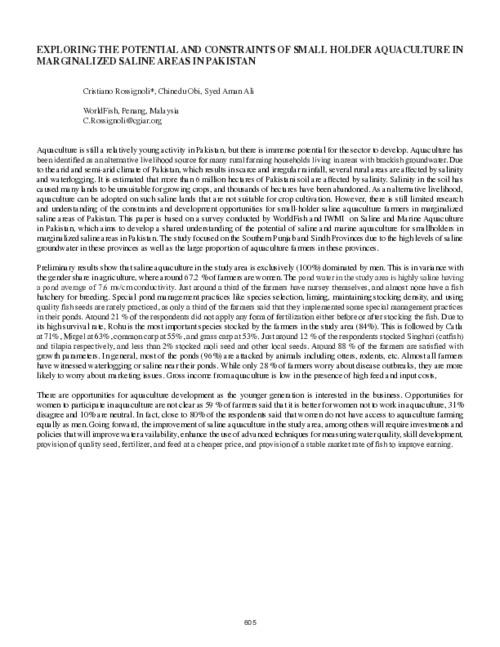 Exploring the Potential and Constraints of Smallholder Aquaculture in Marginalized Saline Areas in Pakistan Exploring the Potential and Constraints of Smallholder Aquaculture in Marginalized Saline Areas in Pakistan