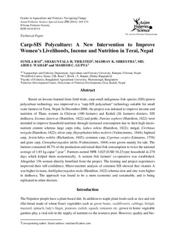 Carp-SIS polyculture: A new intervention to improve women's livelihoods, income and nutrition in Terai, Nepal Carp-SIS polyculture: A new intervention to improve women's livelihoods, income and nutrition in Terai, Nepal