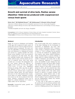 Growth and survival of olive barb, Puntius sarana (Hamilton 1822) larvae produced with cryopreserved versus fresh sperm Growth and survival of olive barb, Puntius sarana (Hamilton 1822) larvae produced with cryopreserved versus fresh sperm