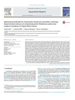 Optimising methods for community-based sea cucumber ranching: Experimental releases of cultured juvenile Holothuria scabra into seagrass meadows in Papua New Guinea Optimising methods for community-based sea cucumber ranching: Experimental releases of cultured juvenile Holothuria scabra into seagrass meadows in Papua New Guinea