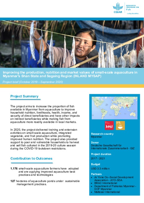 Improving the production, nutrition and market values of small-scale aquaculture in Myanmar's Shan State and Sagaing Region (INLAND MYSAP) - Project brief (October 2019—September 2020) Improving the production, nutrition and market values of small-scale aquaculture in Myanmar's Shan State and Sagaing Region (INLAND MYSAP) - Project brief (October 2019—September 2020)