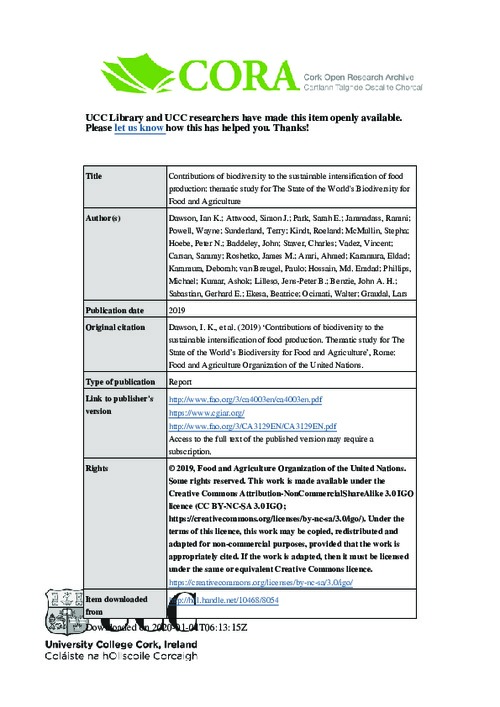 Contributions of biodiversity to the sustainable intensification of food production: thematic study for The State of the World's Biodiversity for Food and Agriculture