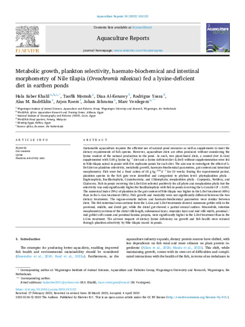 Metabolic growth, plankton selectivity, haemato-biochemical and intestinal morphometry of Nile tilapia (Oreochromis niloticus) fed a lysine-deficient diet in earthen ponds