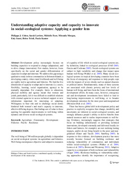Understanding adaptive capacity and capacity to innovate in social-ecological systems: Applying a gender lens Understanding adaptive capacity and capacity to innovate in social-ecological systems: Applying a gender lens
