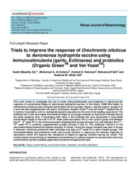 Trials to improve the response of Orechromis niloticus to Aeromonas hydrophila vaccine using immunostimulants (garlic, Echinacea) and probiotics (Organic Green and Vet-Yeast) Trials to improve the response of Orechromis niloticus to Aeromonas hydrophila vaccine using immunostimulants (garlic, Echinacea) and probiotics (Organic Green and Vet-Yeast)