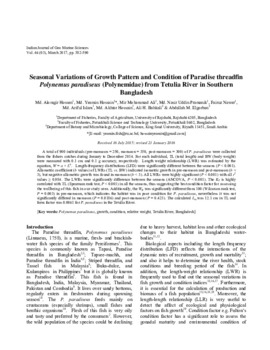 Seasonal variations of growth pattern and condition of Paradise threadfin Polynemus paradiseus (Polynemidae) from Tetulia River in Southern Bangladesh Seasonal variations of growth pattern and condition of Paradise threadfin Polynemus paradiseus (Polynemidae) from Tetulia River in Southern Bangladesh