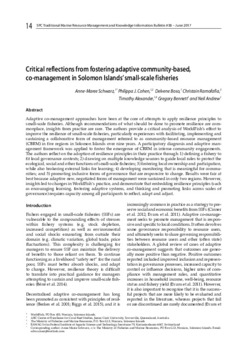 Critical reflections from fostering adaptive community-based, co-management in Solomon Islands' small-scale fisheries Critical reflections from fostering adaptive community-based, co-management in Solomon Islands' small-scale fisheries